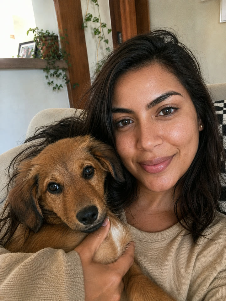 Marcela con su cachorro en brazos