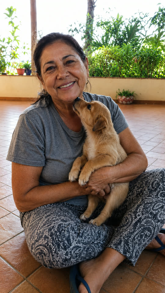 Marisa con Tobías, cachorro dorado en brazos